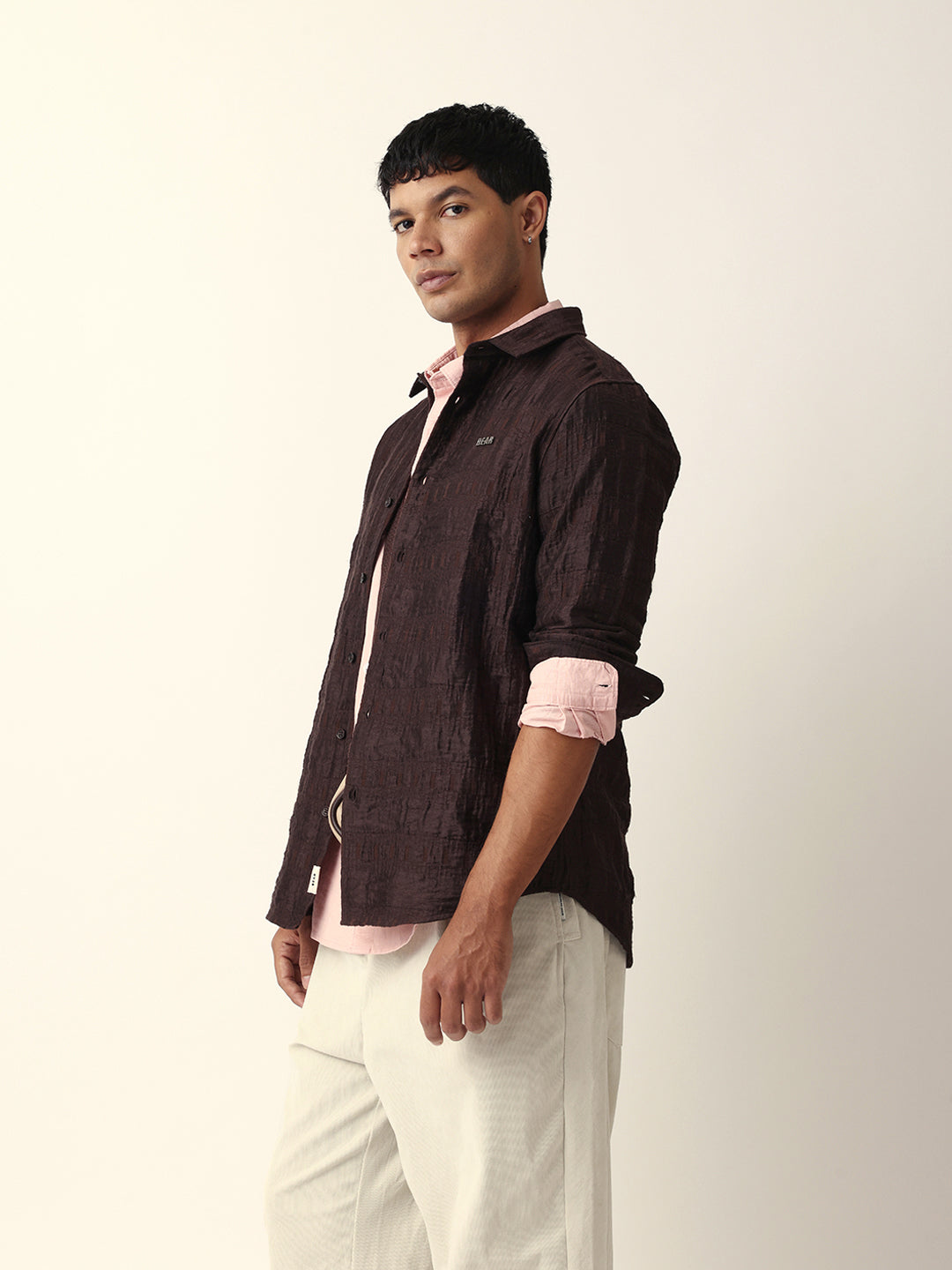 Brown Textured Woven Self-Design Slim Fit Casual Shirt