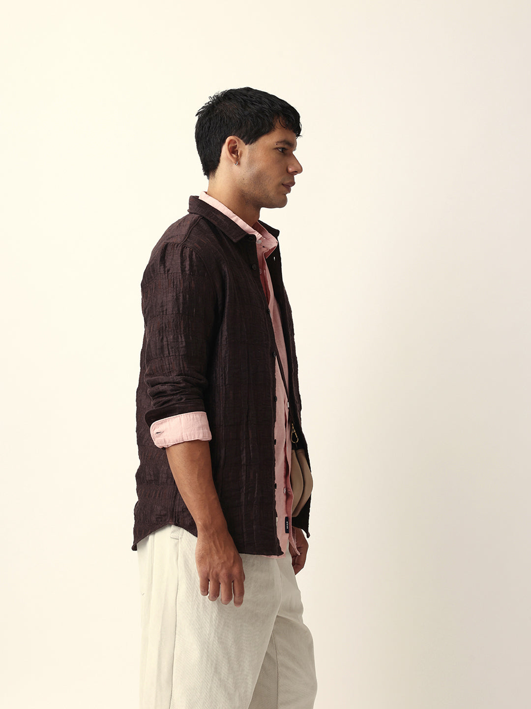 Brown Textured Woven Self-Design Slim Fit Casual Shirt