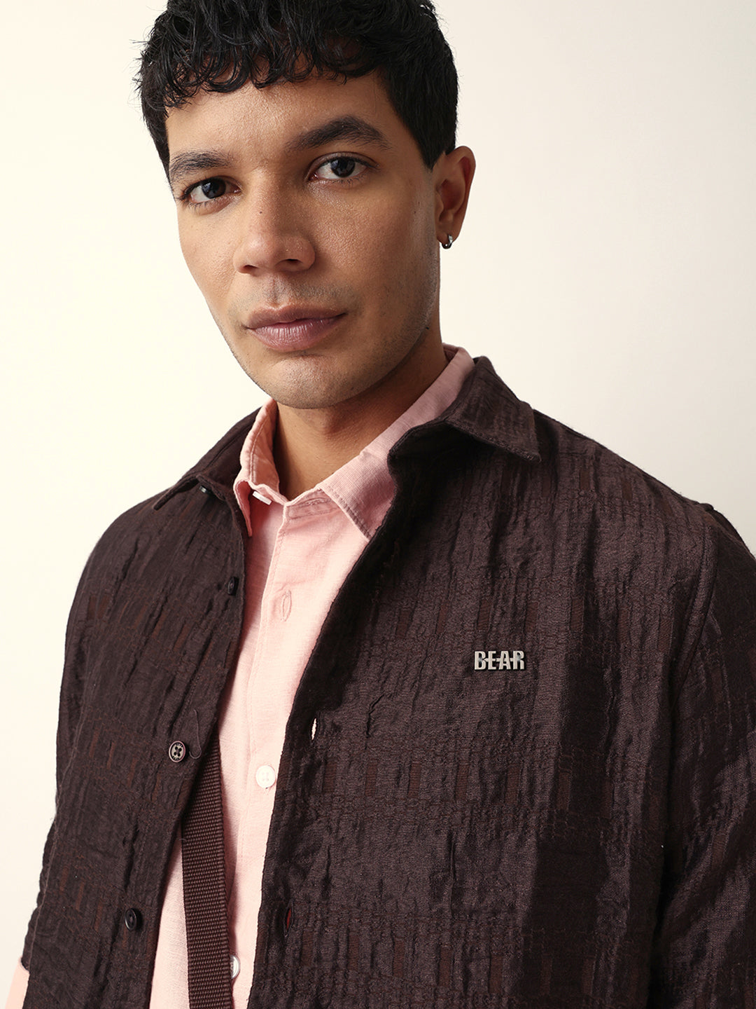 Brown Textured Woven Self-Design Slim Fit Casual Shirt