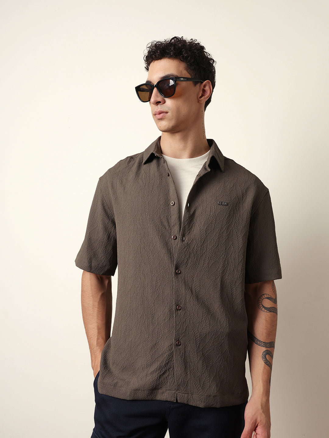 Olive All-Over Textured Leaf Motif Oversized Shirt with Half Sleeves