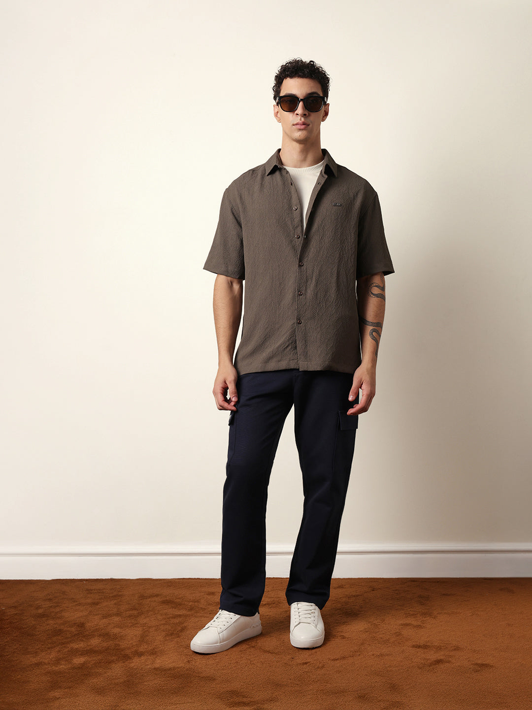 Olive All-Over Textured Leaf Motif Oversized Shirt with Half Sleeves