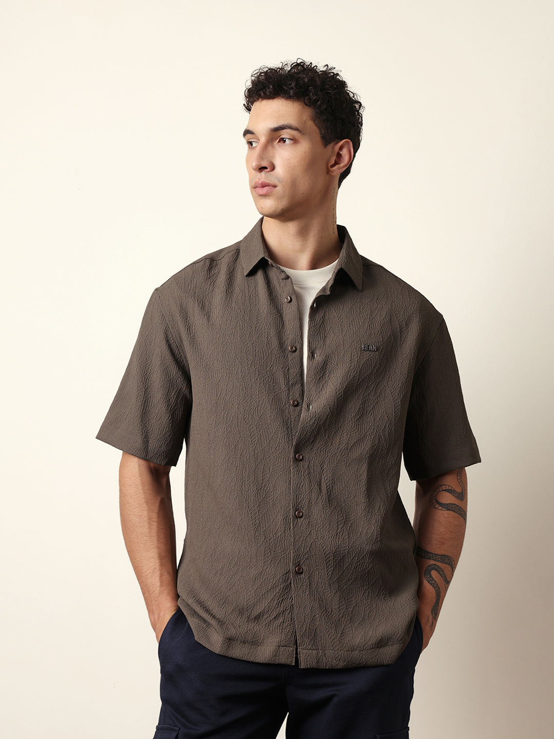 Olive All-Over Textured Leaf Motif Oversized Shirt with Half Sleeves