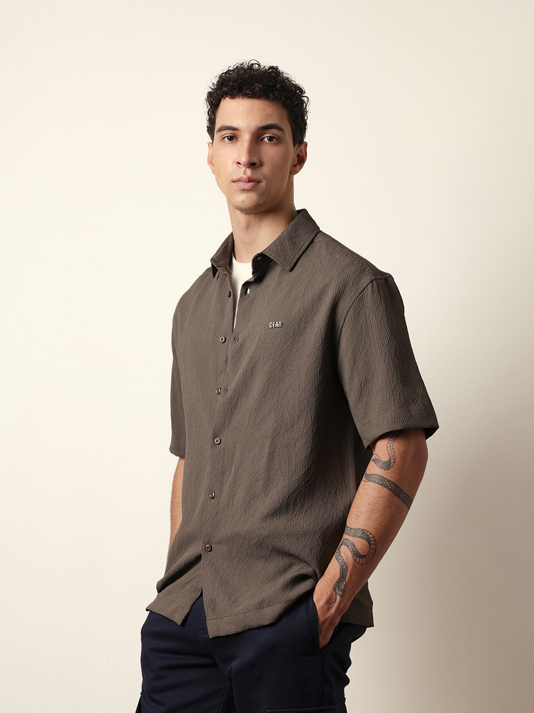Olive All-Over Textured Leaf Motif Oversized Shirt with Half Sleeves