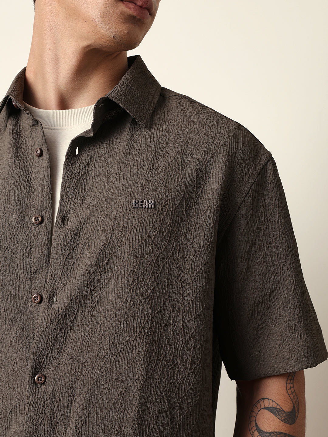 Olive All-Over Textured Leaf Motif Oversized Shirt with Half Sleeves