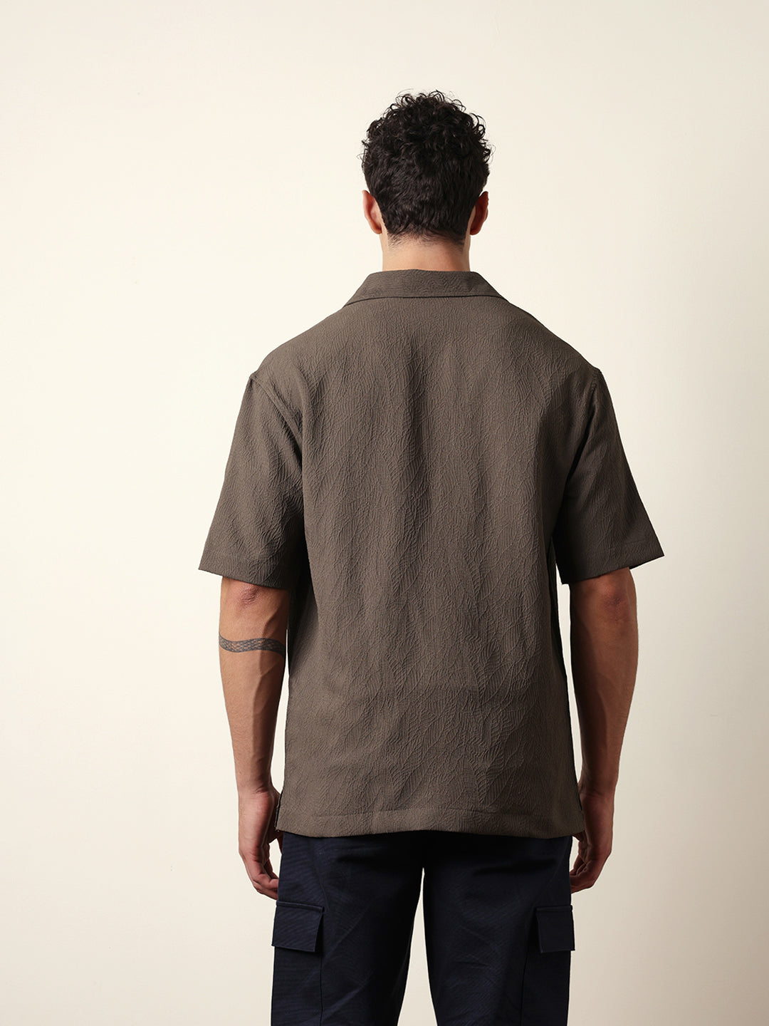 Olive All-Over Textured Leaf Motif Oversized Shirt with Half Sleeves