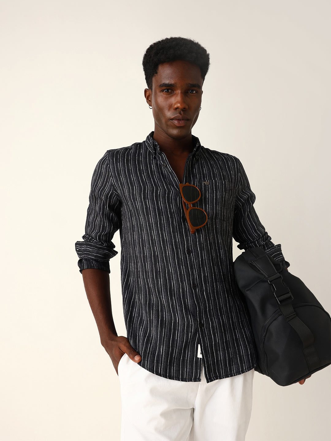 Black Slim Fit Casual Shirt with Woven Vertical Textured Stripes