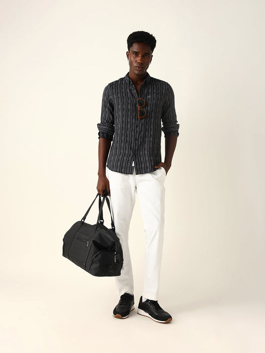 Black Slim Fit Casual Shirt with Woven Vertical Textured Stripes