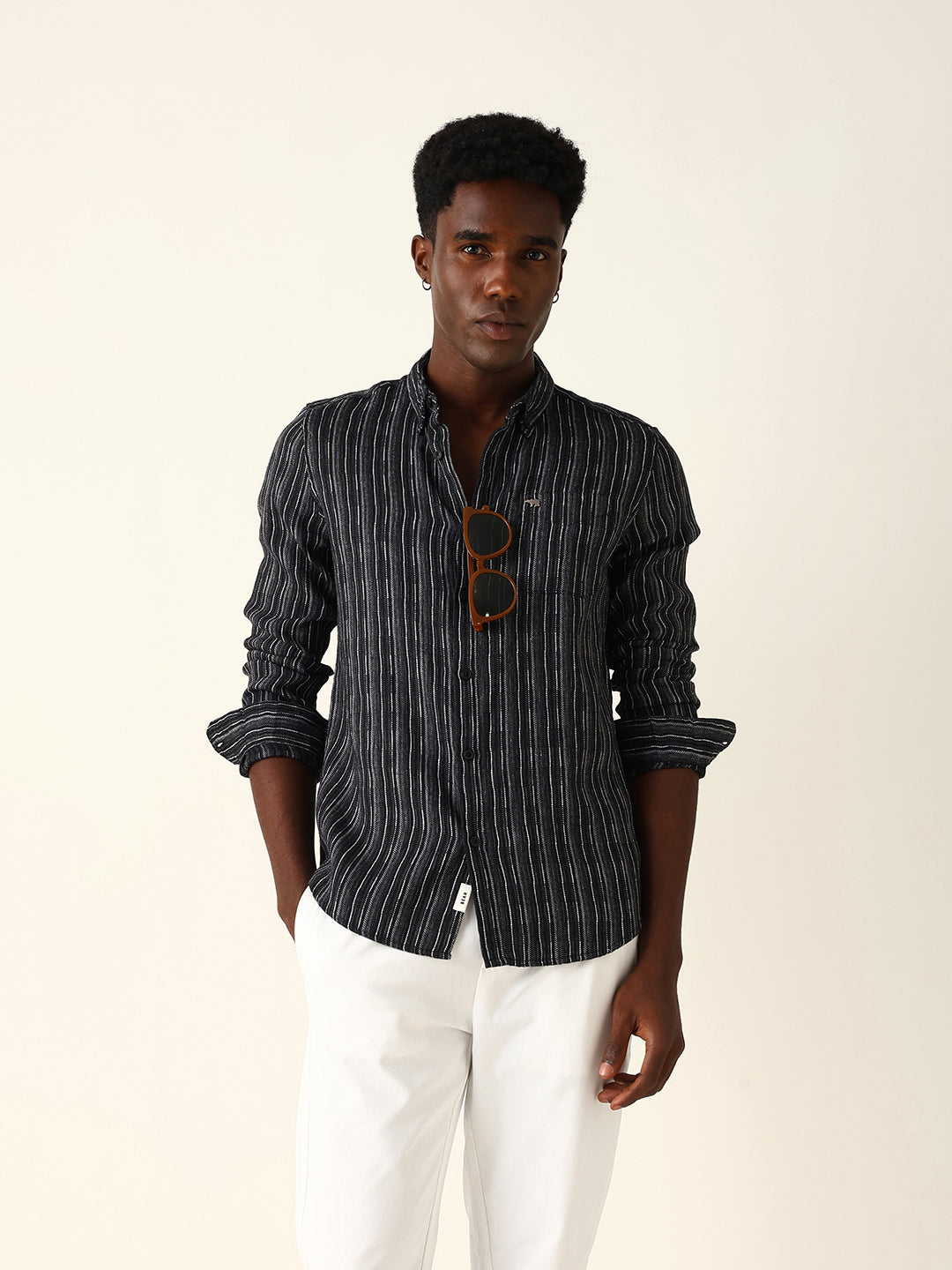 Black Slim Fit Casual Shirt with Woven Vertical Textured Stripes