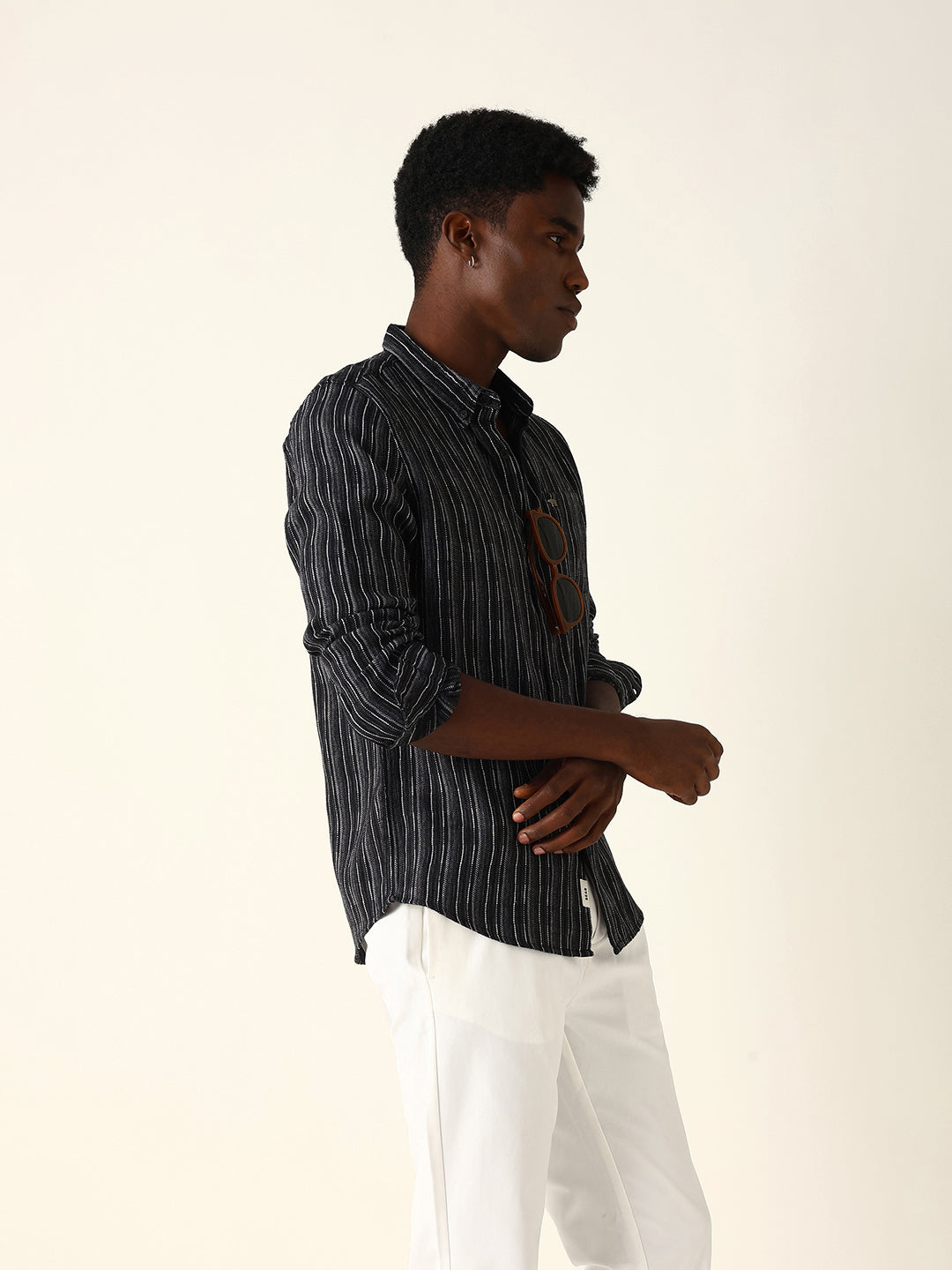 Black Slim Fit Casual Shirt with Woven Vertical Textured Stripes