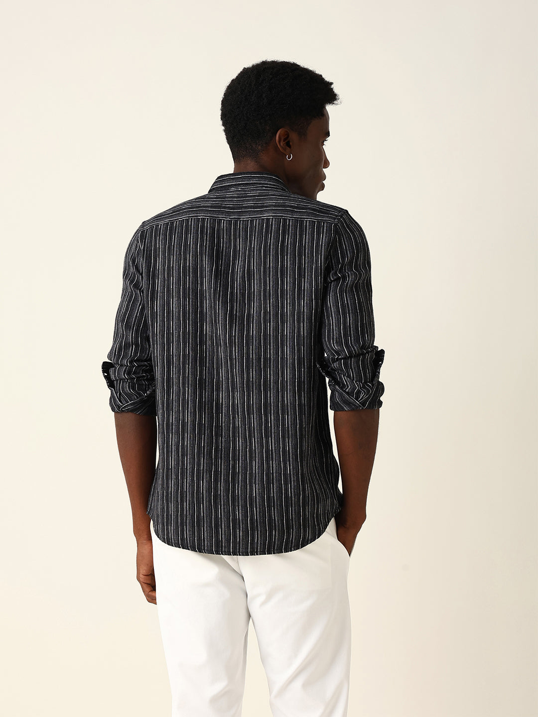 Black Slim Fit Casual Shirt with Woven Vertical Textured Stripes