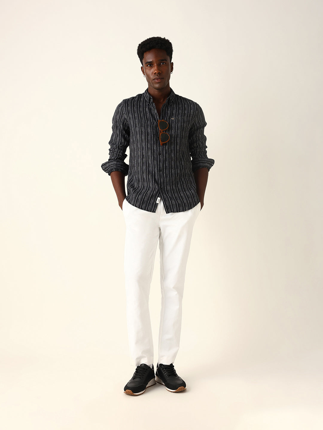 Black Slim Fit Casual Shirt with Woven Vertical Textured Stripes