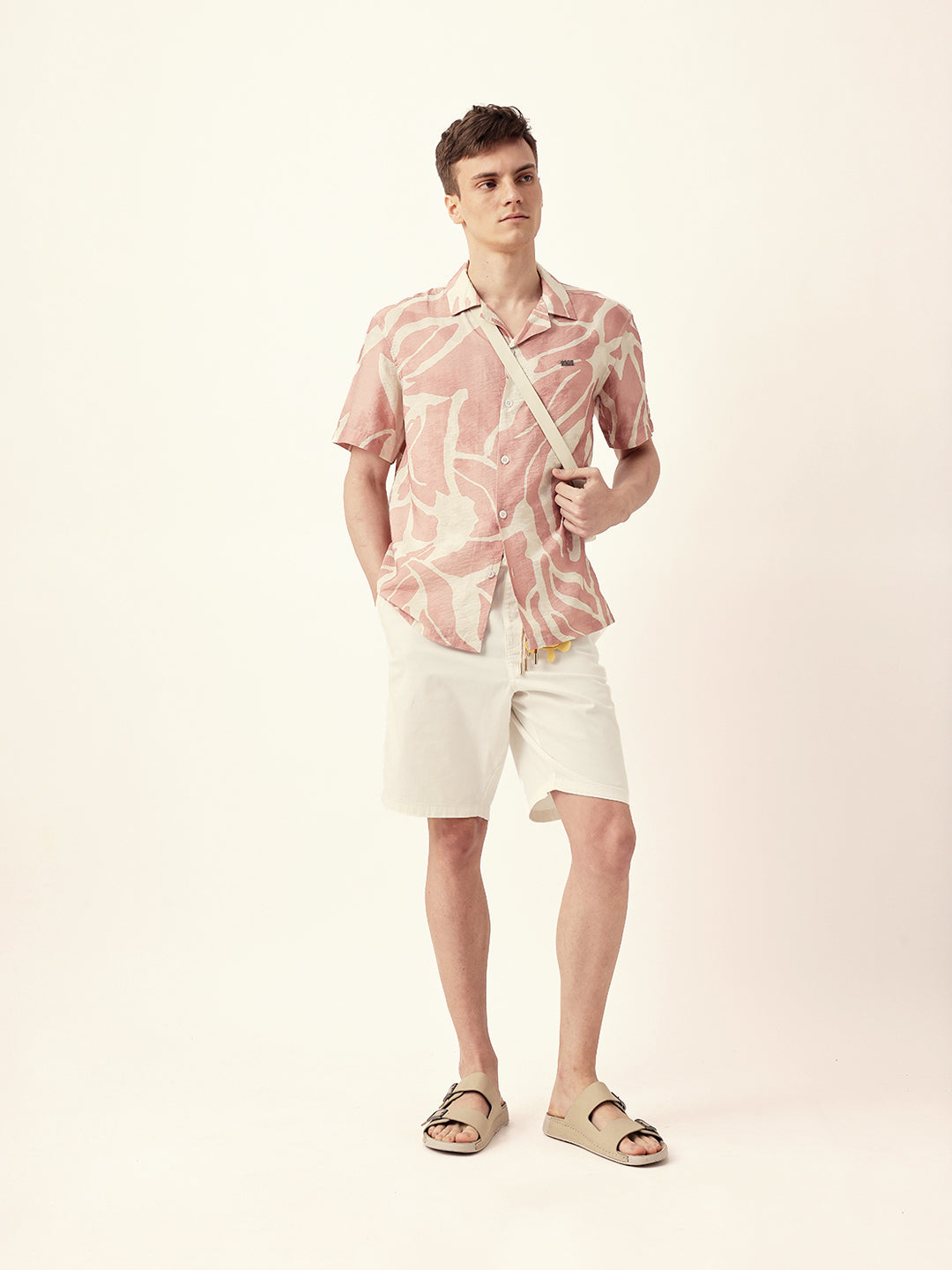 Pink with Cream Relaxed Fit Abstract Stroke Print Half Sleeve Casual Shirt
