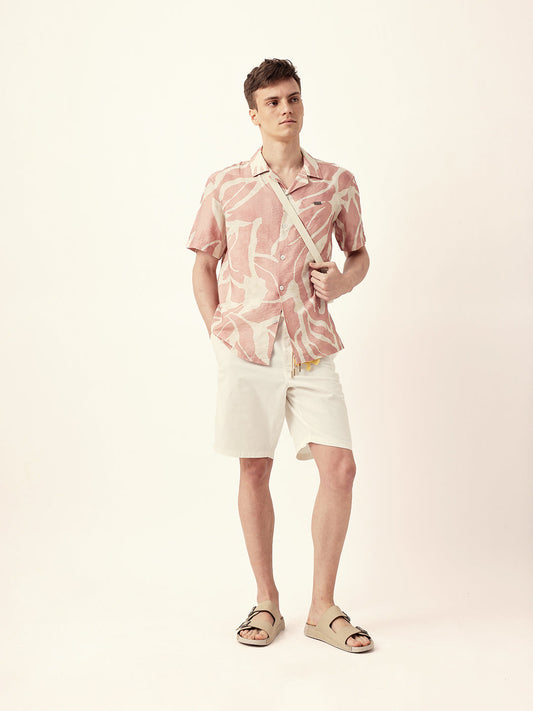 Pink with Cream Relaxed Fit Abstract Stroke Print Half Sleeve Casual Shirt