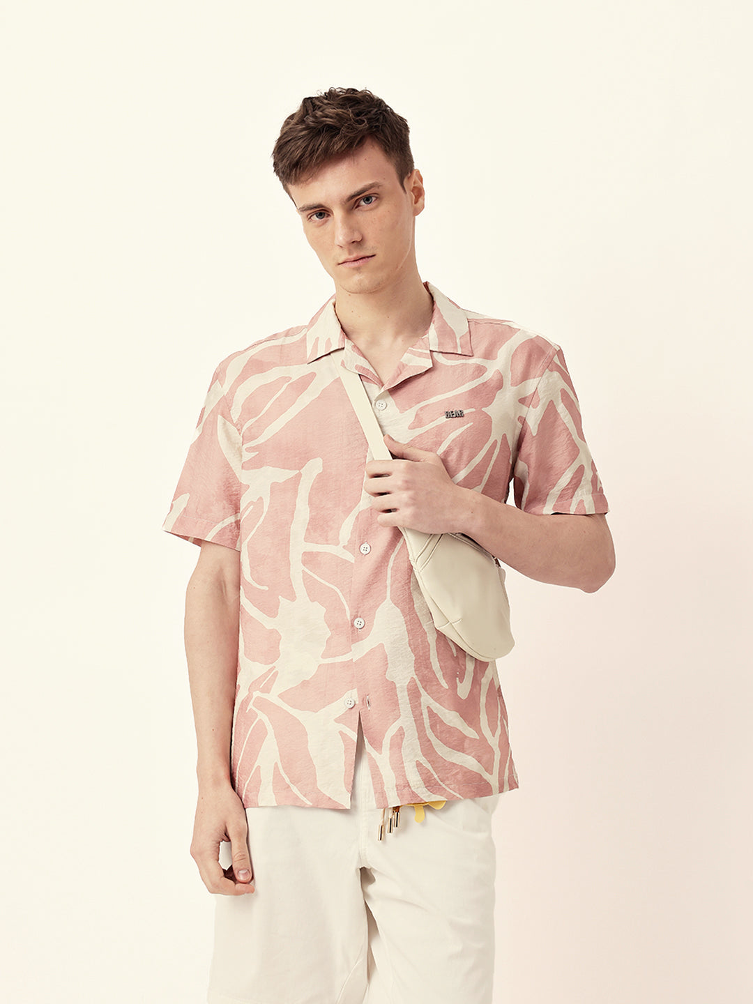 Pink with Cream Relaxed Fit Abstract Stroke Print Half Sleeve Casual Shirt