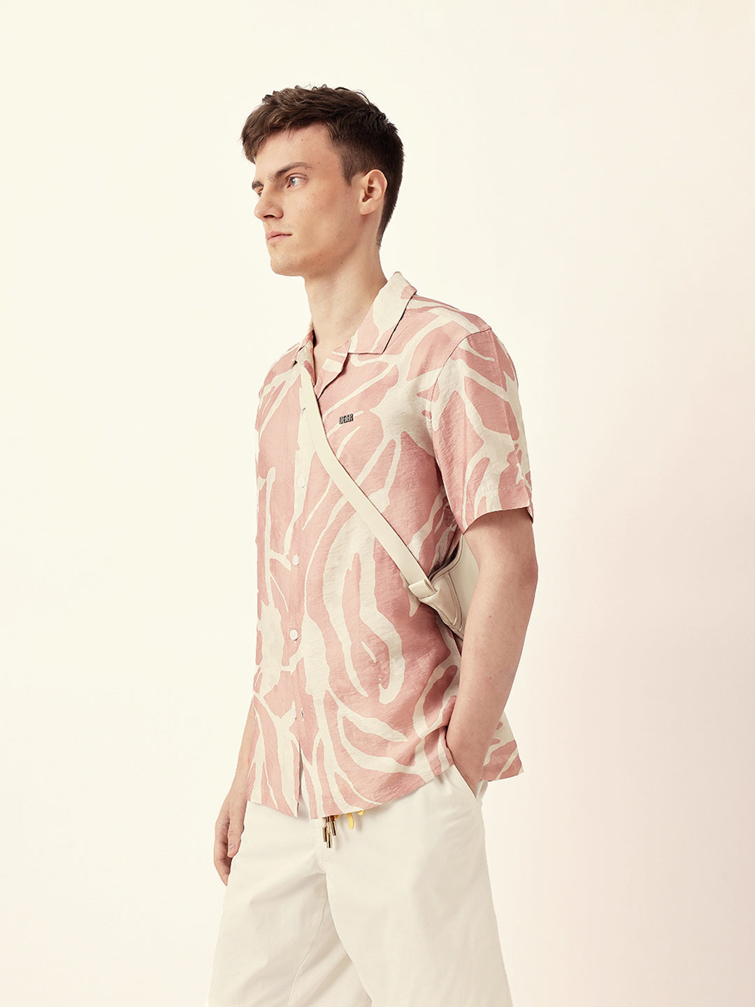 Pink with Cream Relaxed Fit Abstract Stroke Print Half Sleeve Casual Shirt