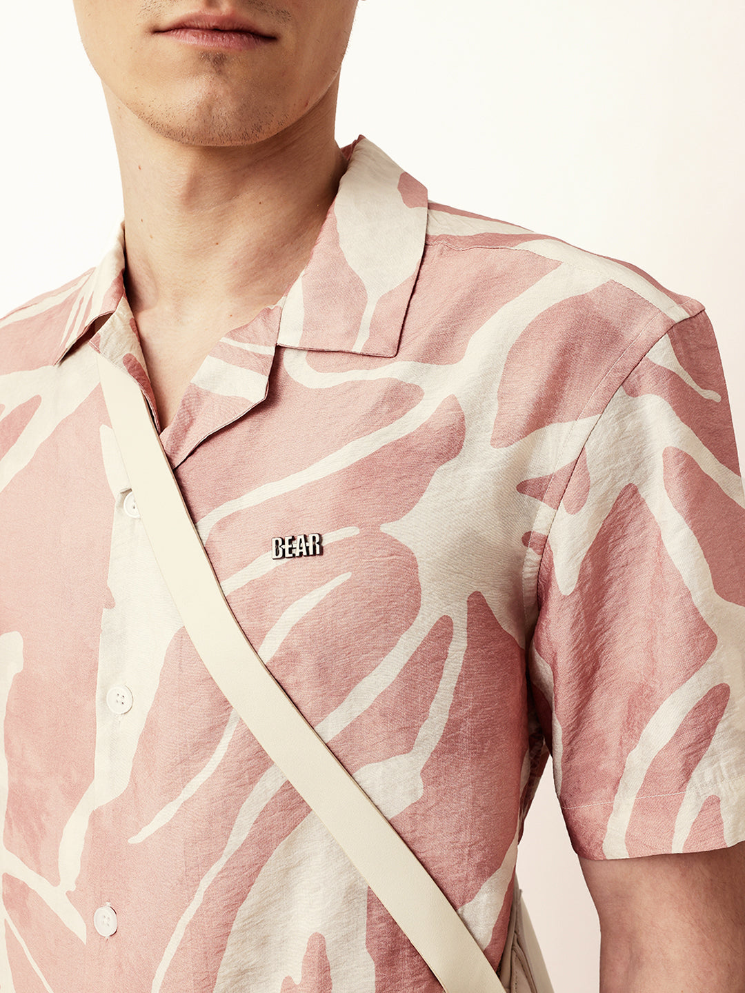 Pink with Cream Relaxed Fit Abstract Stroke Print Half Sleeve Casual Shirt