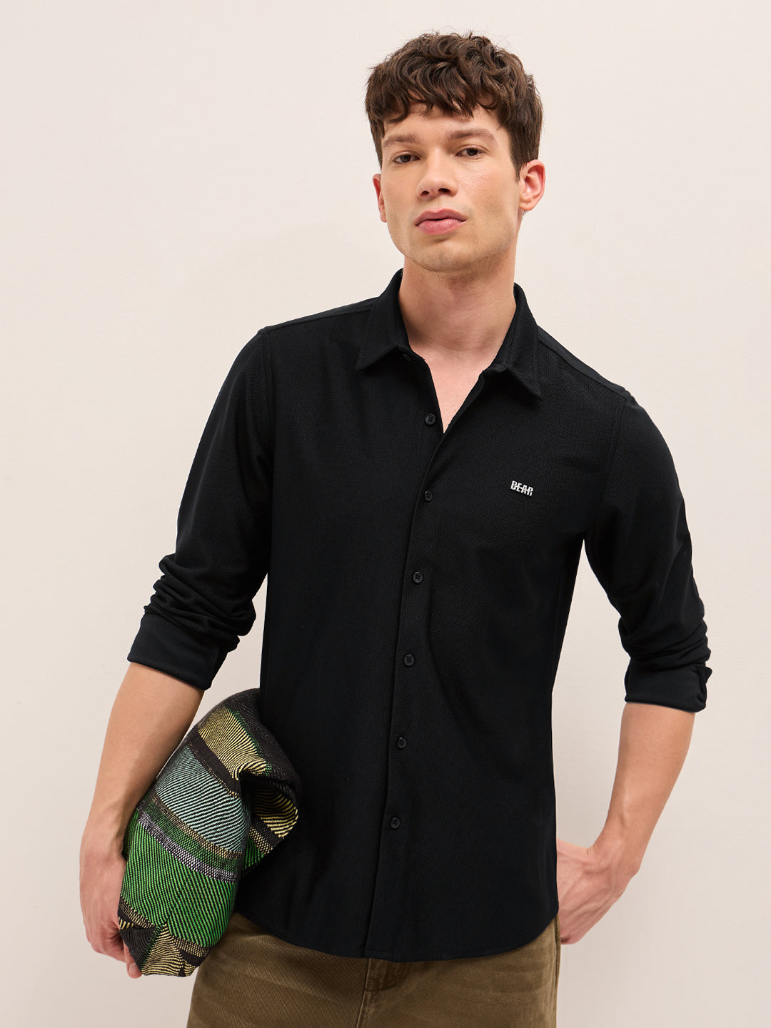 Black Woven Textured Regular Fit Casual Shirt