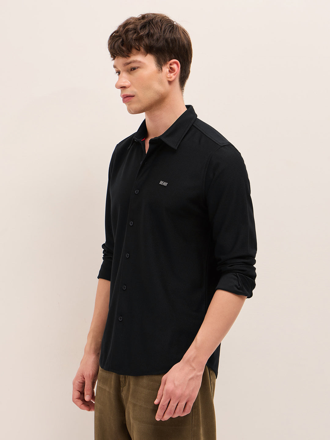 Black Woven Textured Regular Fit Casual Shirt