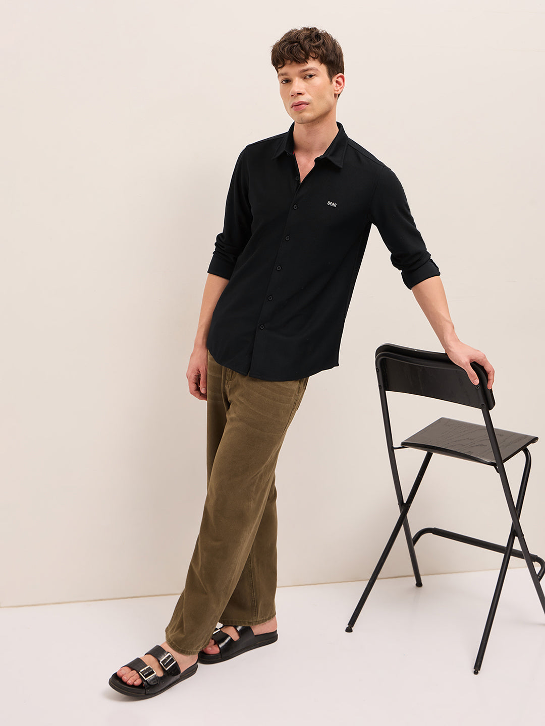 Black Woven Textured Regular Fit Casual Shirt