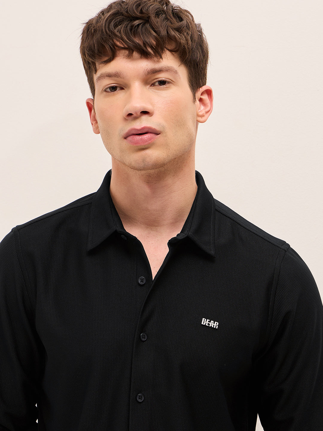 Black Woven Textured Regular Fit Casual Shirt