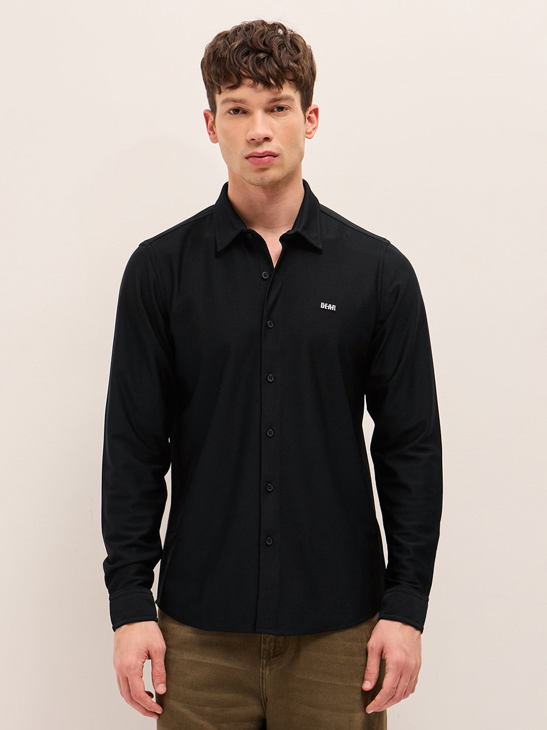 Black Woven Textured Regular Fit Casual Shirt