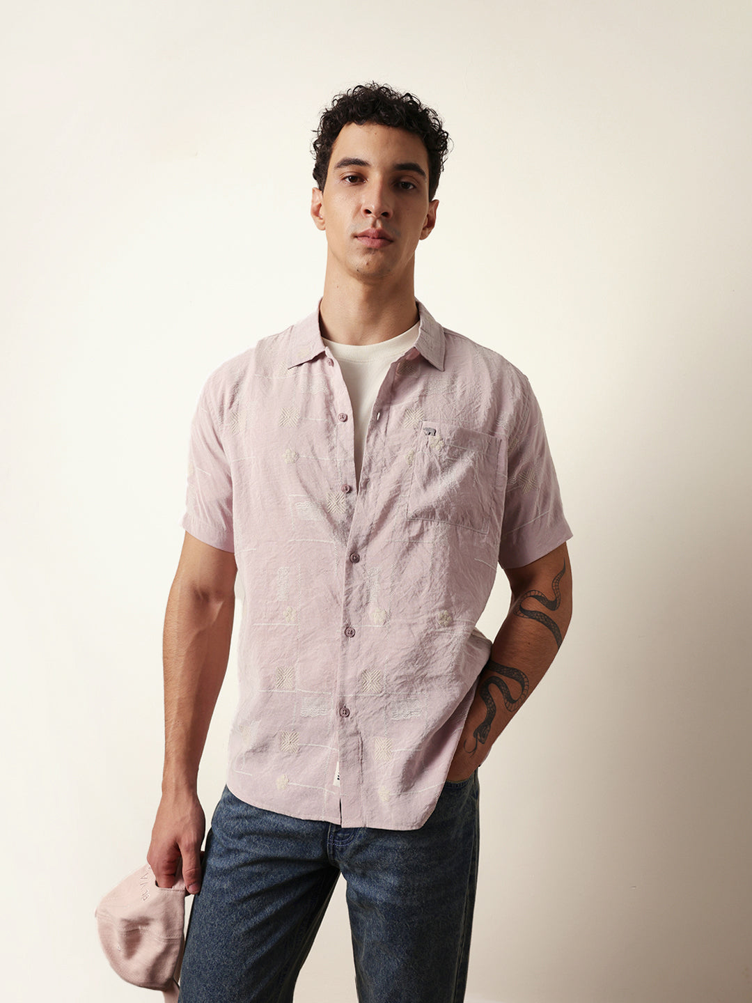 Pink Embroidered Motif Regular Fit Casual Shirt