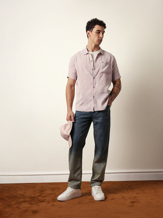 Pink Embroidered Motif Regular Fit Casual Shirt