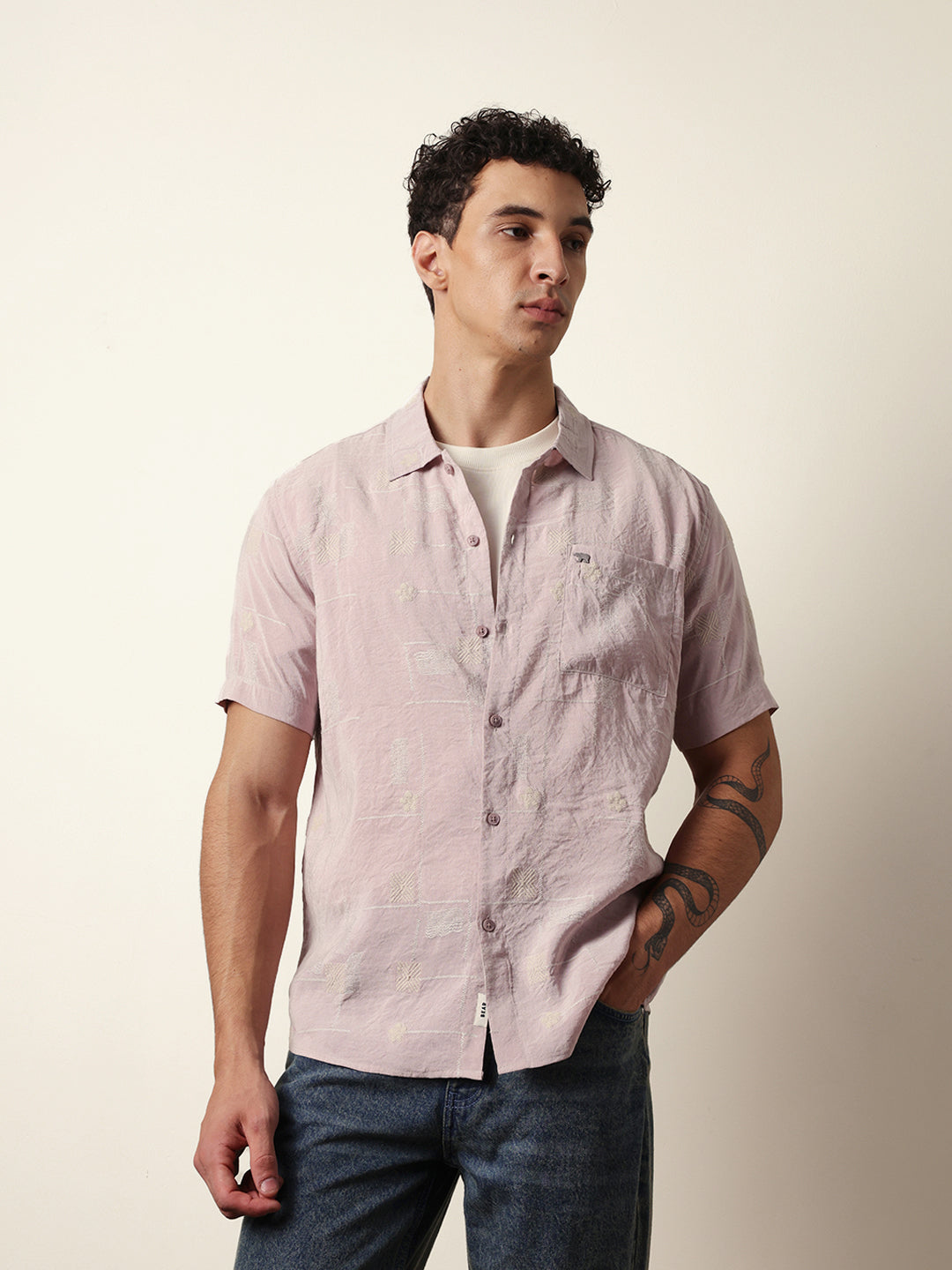 Pink Embroidered Motif Regular Fit Casual Shirt