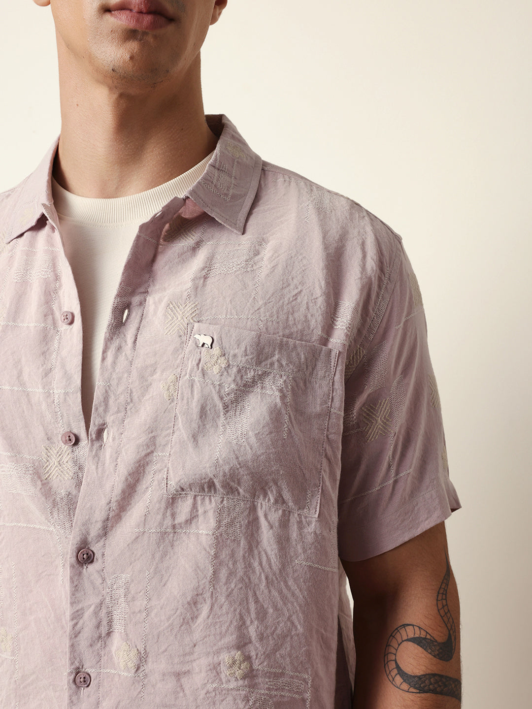 Pink Embroidered Motif Regular Fit Casual Shirt