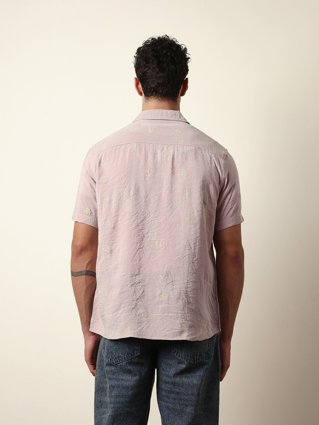 Pink Embroidered Motif Regular Fit Casual Shirt