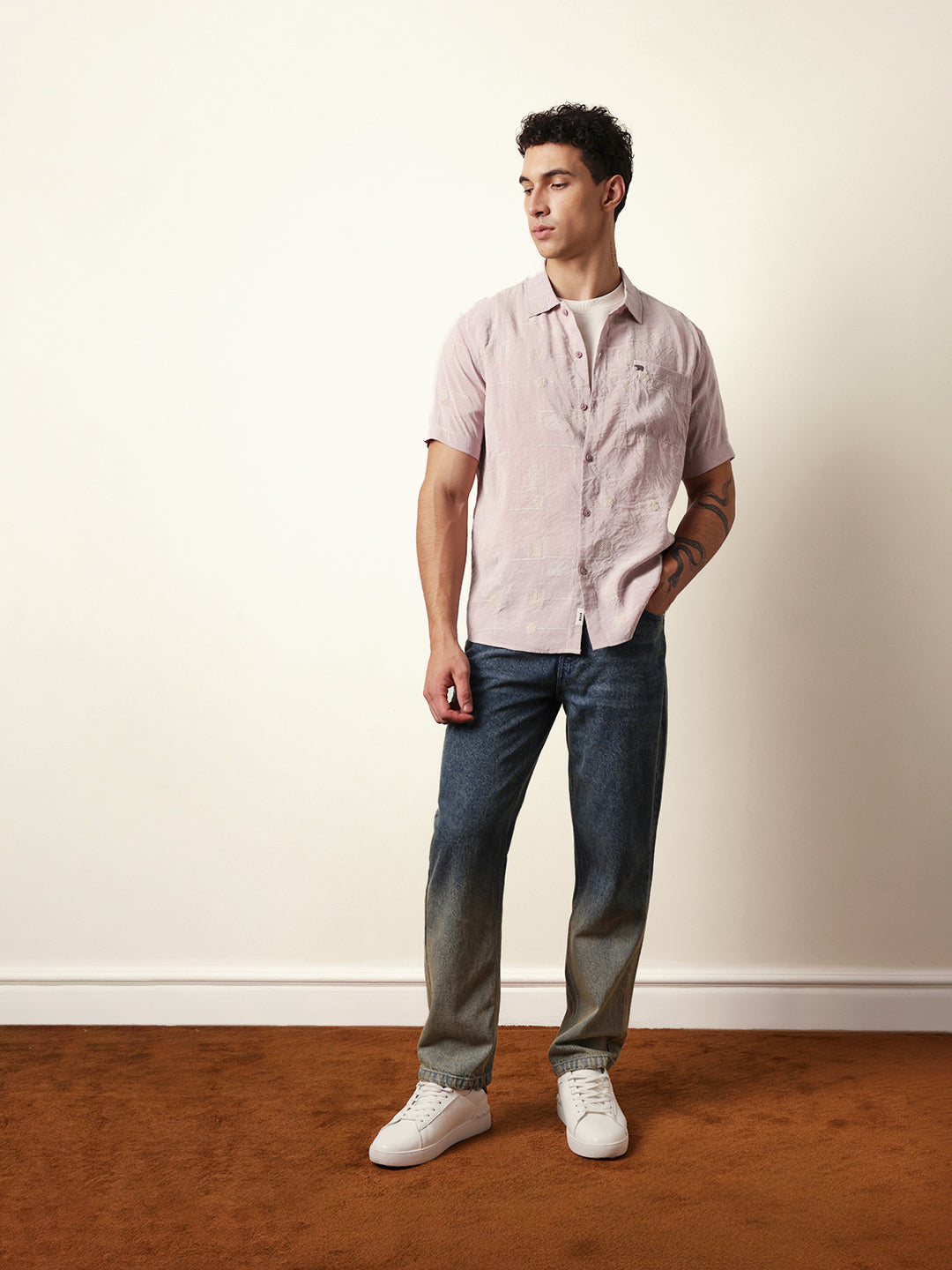 Pink Embroidered Motif Regular Fit Casual Shirt