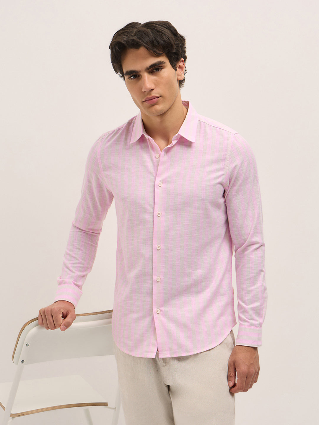 Pink with Beige Vertical Stripes Slim Fit Casual Shirt