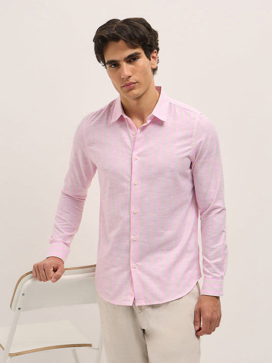Pink with Beige Vertical Stripes Slim Fit Casual Shirt