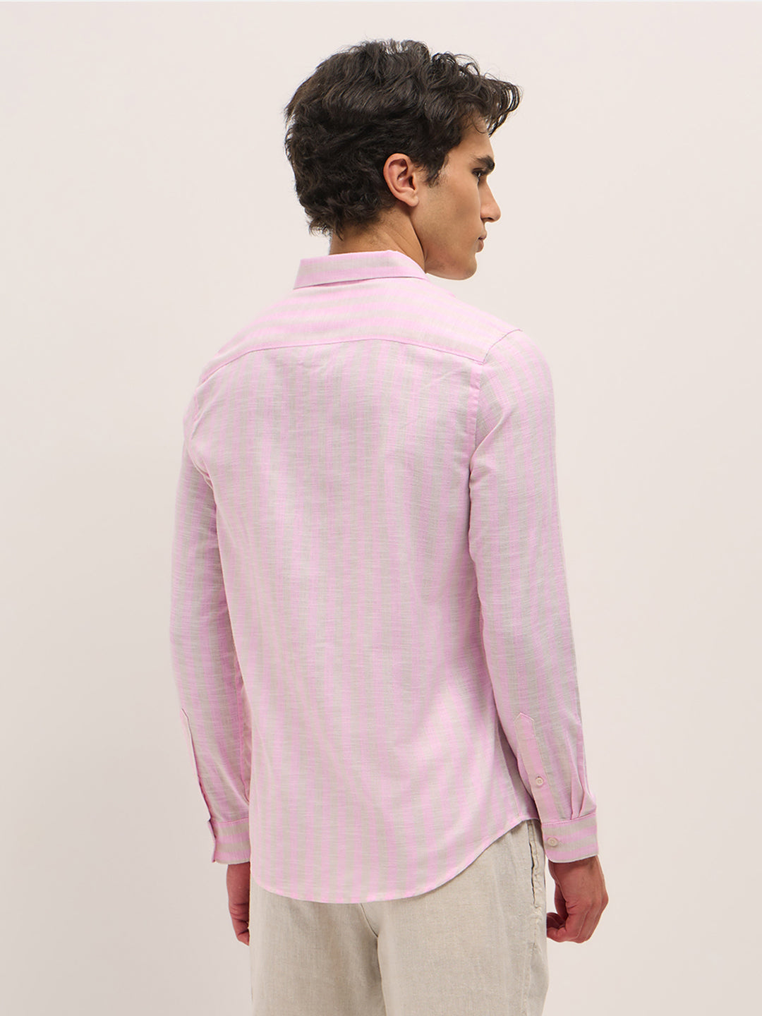 Pink with Beige Vertical Stripes Slim Fit Casual Shirt