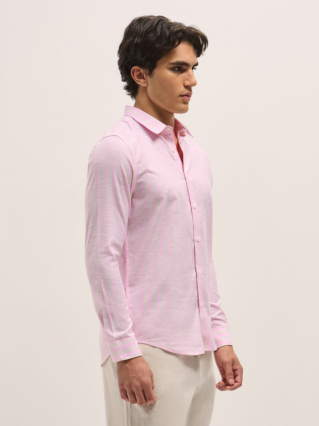 Pink with Beige Vertical Stripes Slim Fit Casual Shirt