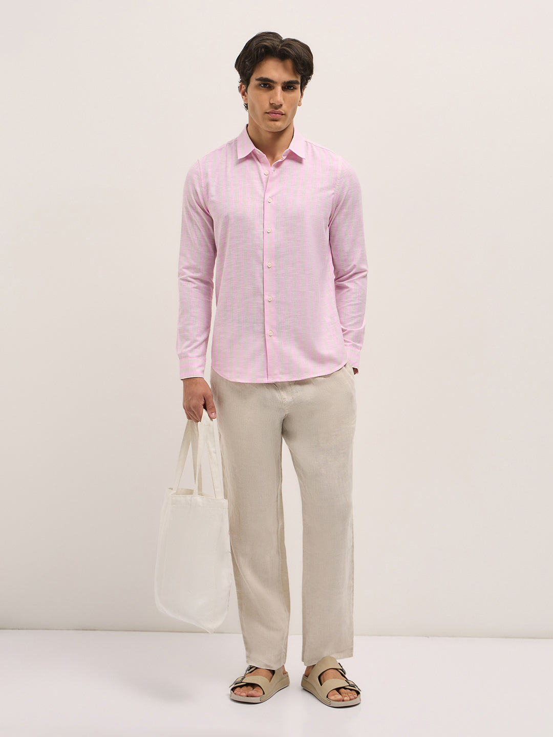 Pink with Beige Vertical Stripes Slim Fit Casual Shirt