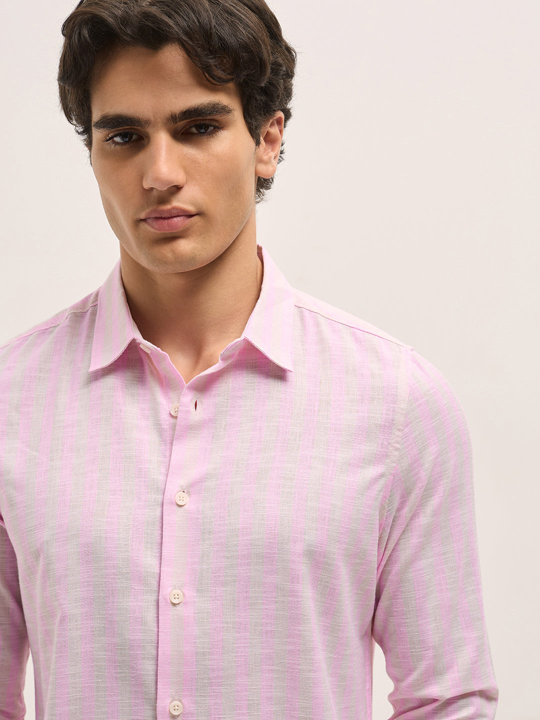 Pink with Beige Vertical Stripes Slim Fit Casual Shirt