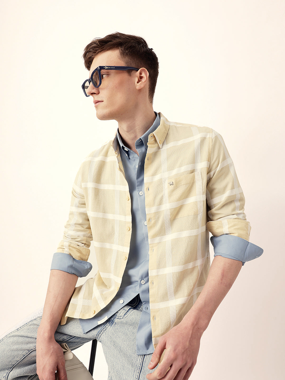 Light Yellow Woven Windowpane Check Slim Fit Casual Shirt