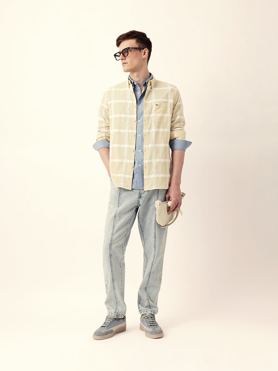 Light Yellow Woven Windowpane Check Slim Fit Casual Shirt