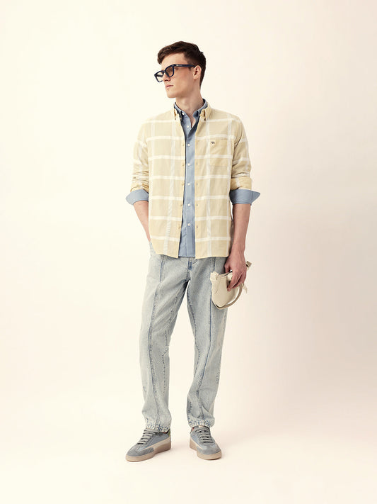 Light Yellow Woven Windowpane Check Slim Fit Casual Shirt