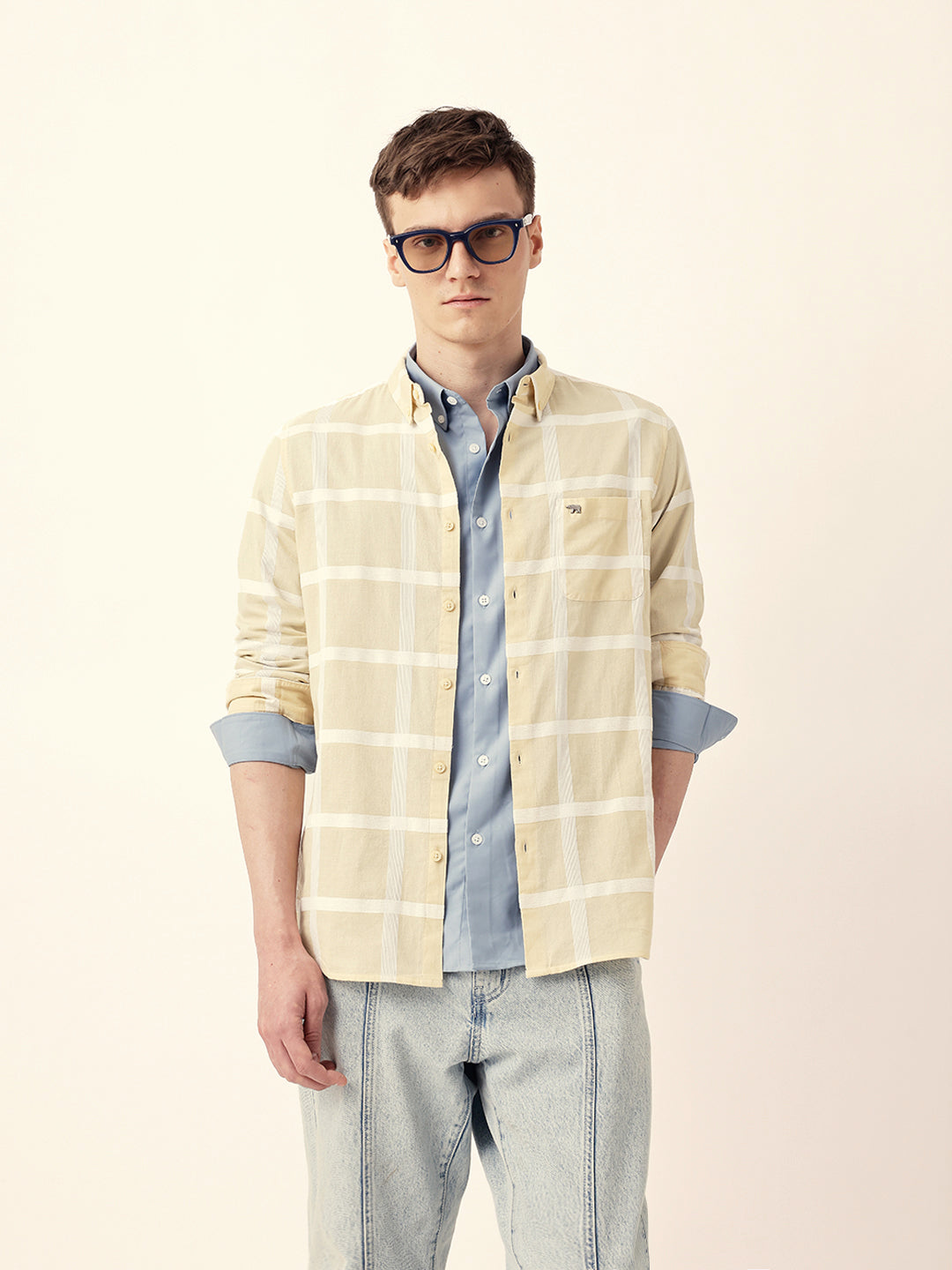 Light Yellow Woven Windowpane Check Slim Fit Casual Shirt