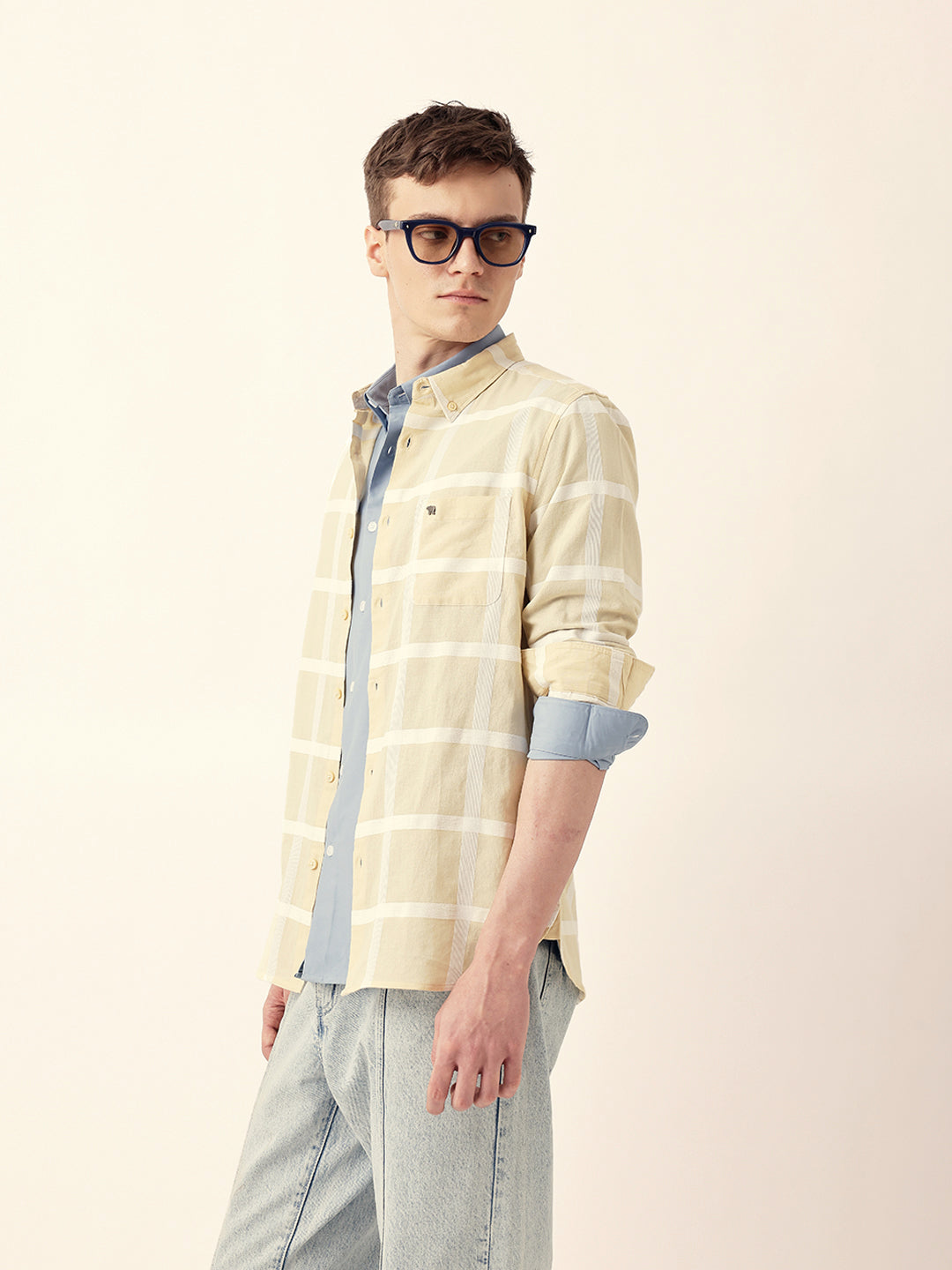 Light Yellow Woven Windowpane Check Slim Fit Casual Shirt