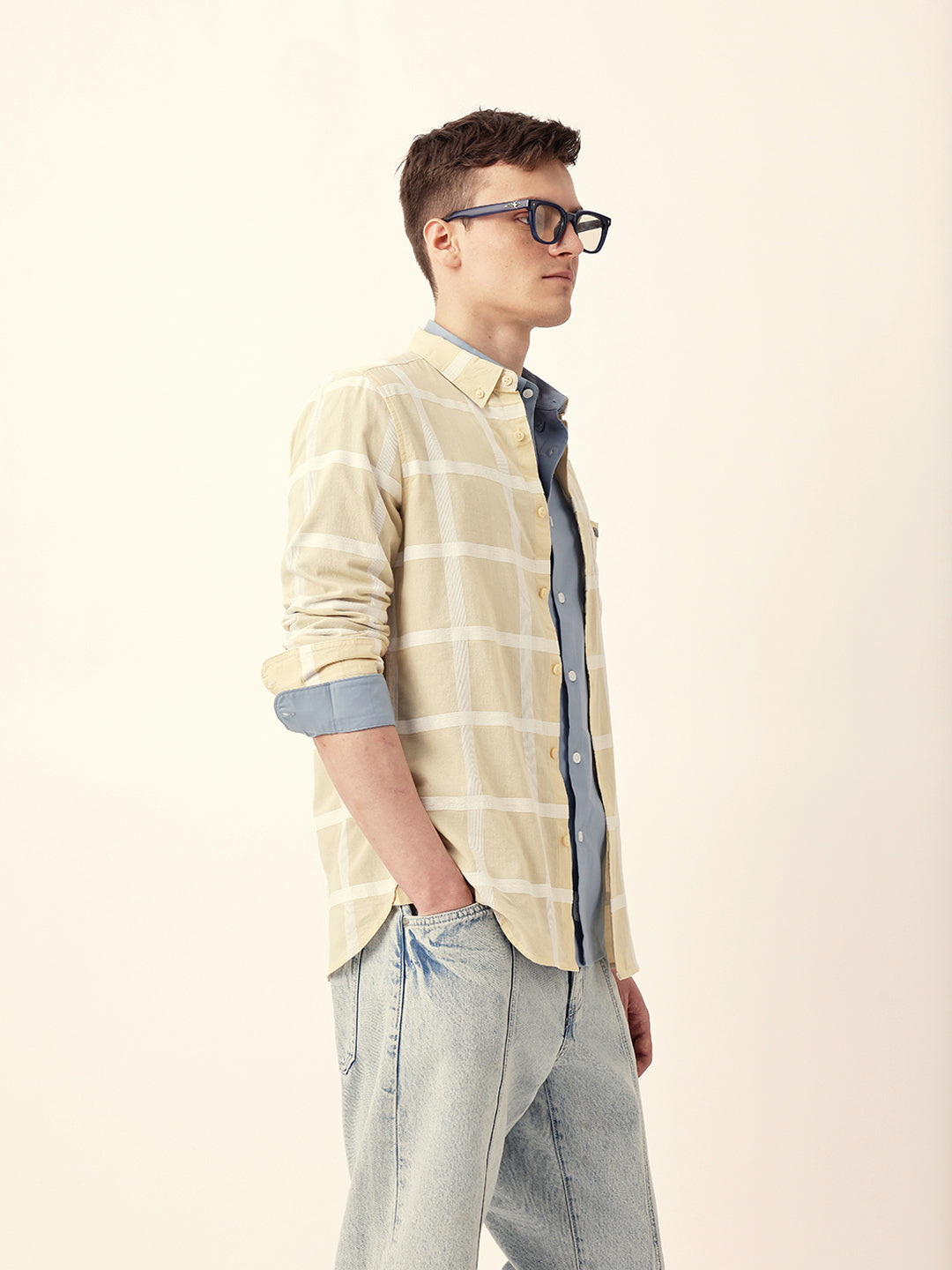 Light Yellow Woven Windowpane Check Slim Fit Casual Shirt