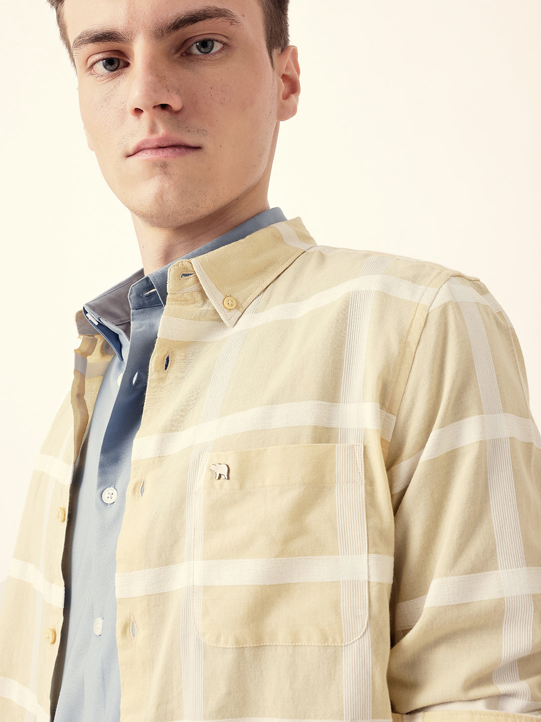 Light Yellow Woven Windowpane Check Slim Fit Casual Shirt