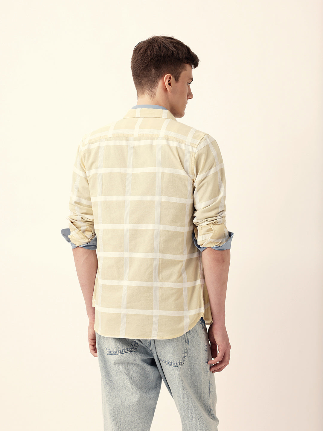 Light Yellow Woven Windowpane Check Slim Fit Casual Shirt