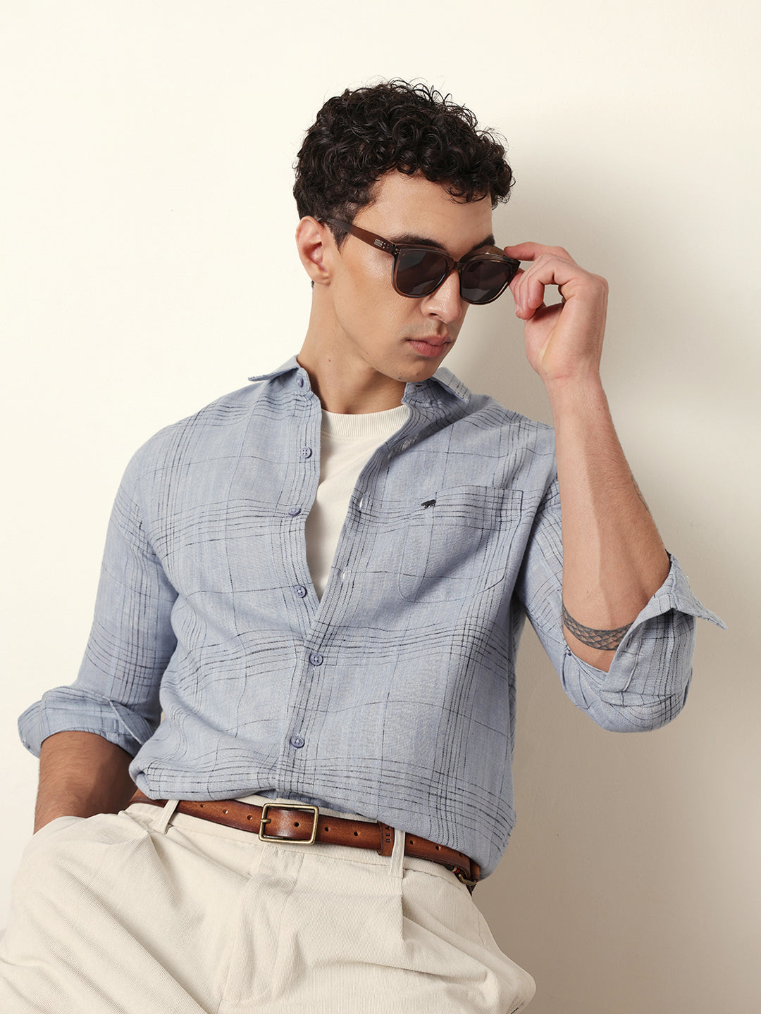 Blue Woven Checked Slim Fit Casual Shirt