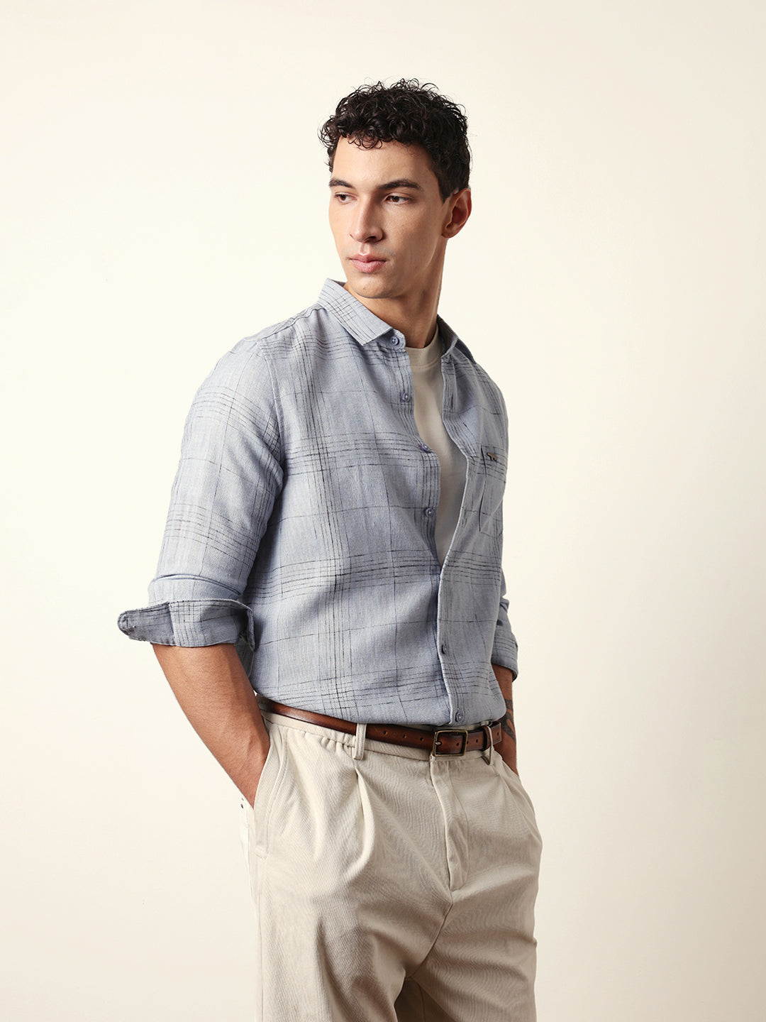 Blue Woven Checked Slim Fit Casual Shirt