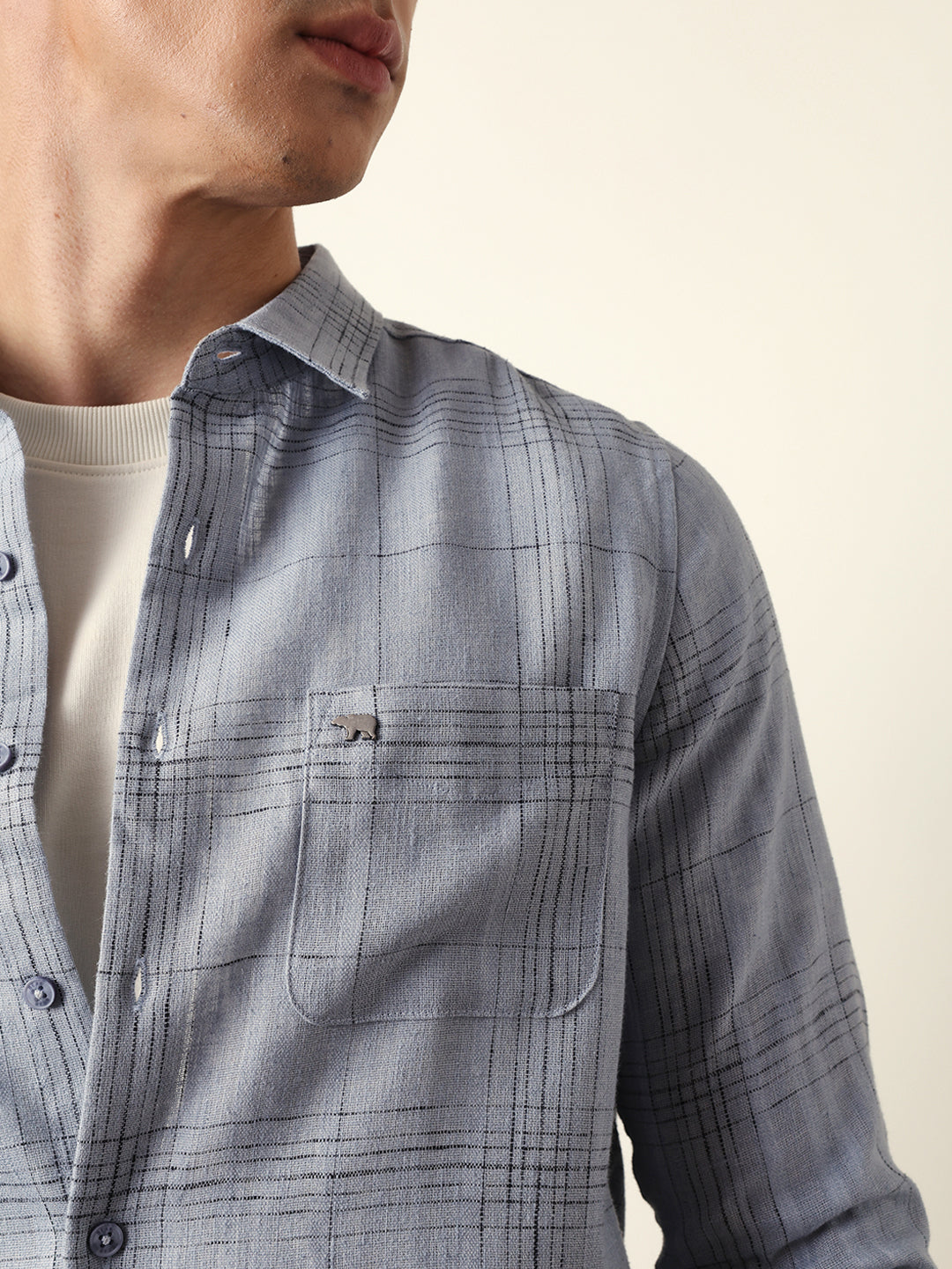 Blue Woven Checked Slim Fit Casual Shirt