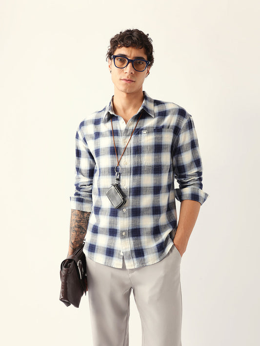 Blue & White Herringbone Check Relaxed Fit Overshirt