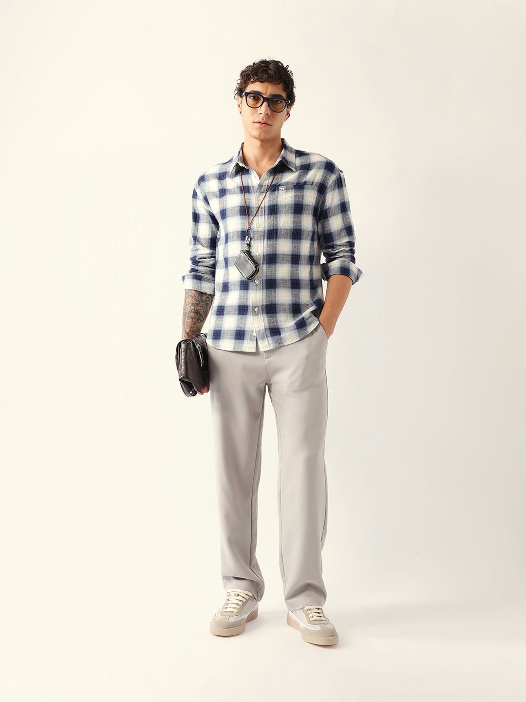 Blue & White Herringbone Check Relaxed Fit Overshirt